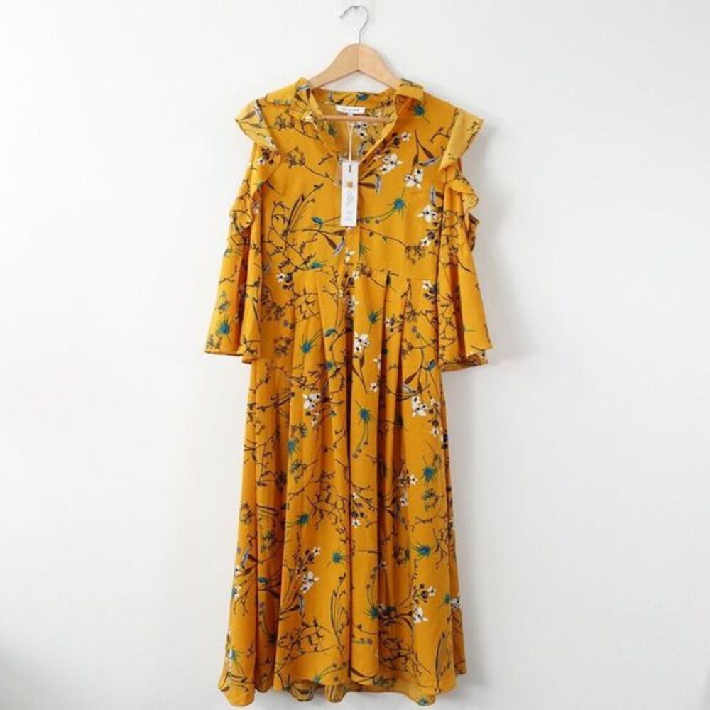 Toi Et Moi‎ Womens Small Mustard Cocktail Henley Dress Cold Shoulder Pleated